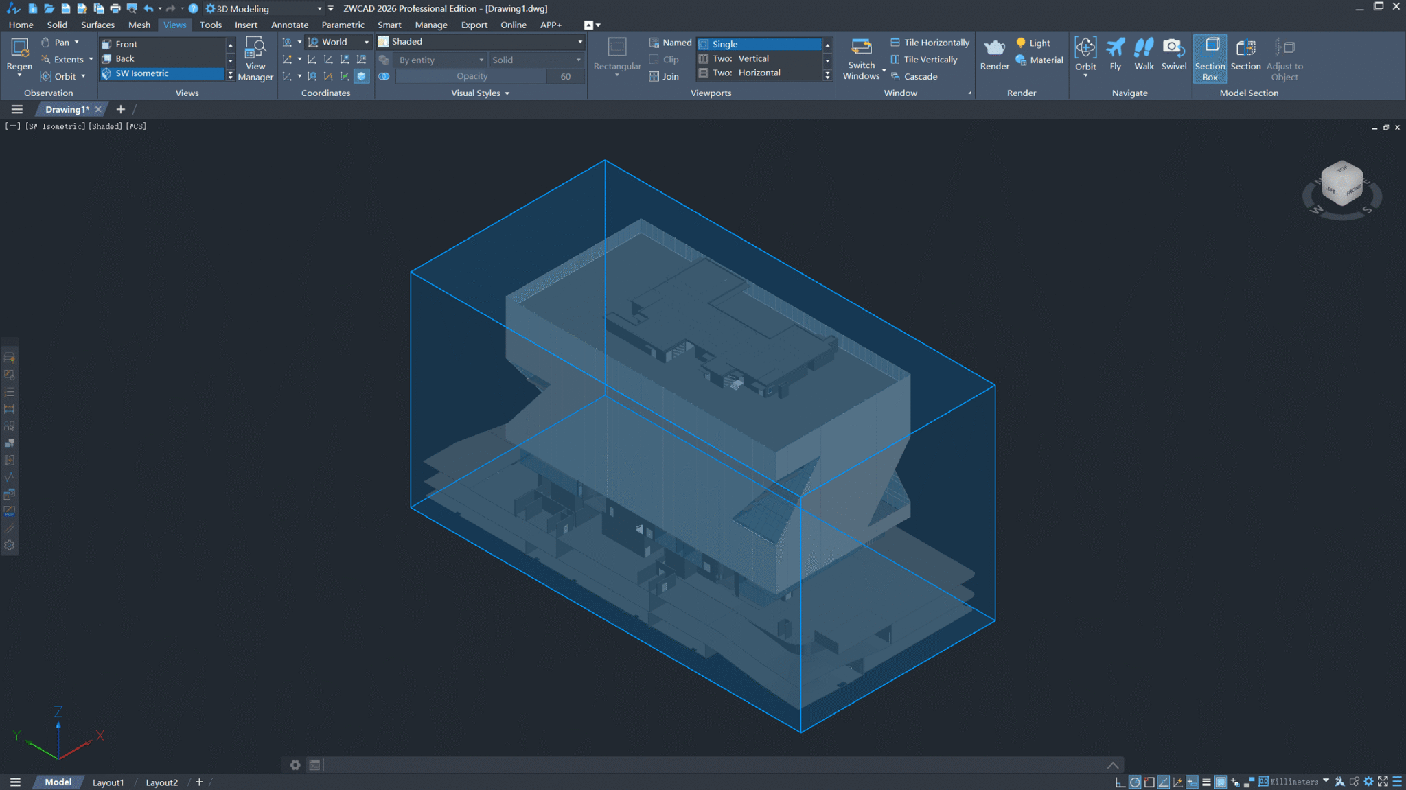 Vista de corte em modelos 3D no ZWCAD
